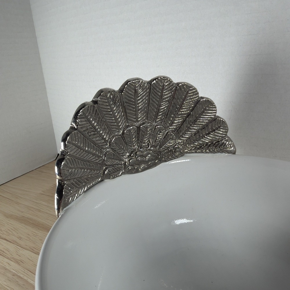 6.5" Turkey Serving Bowl Dish White Ceramic Pewter Thanksgiving Pier 1 Imports - Picture 4 of 8
